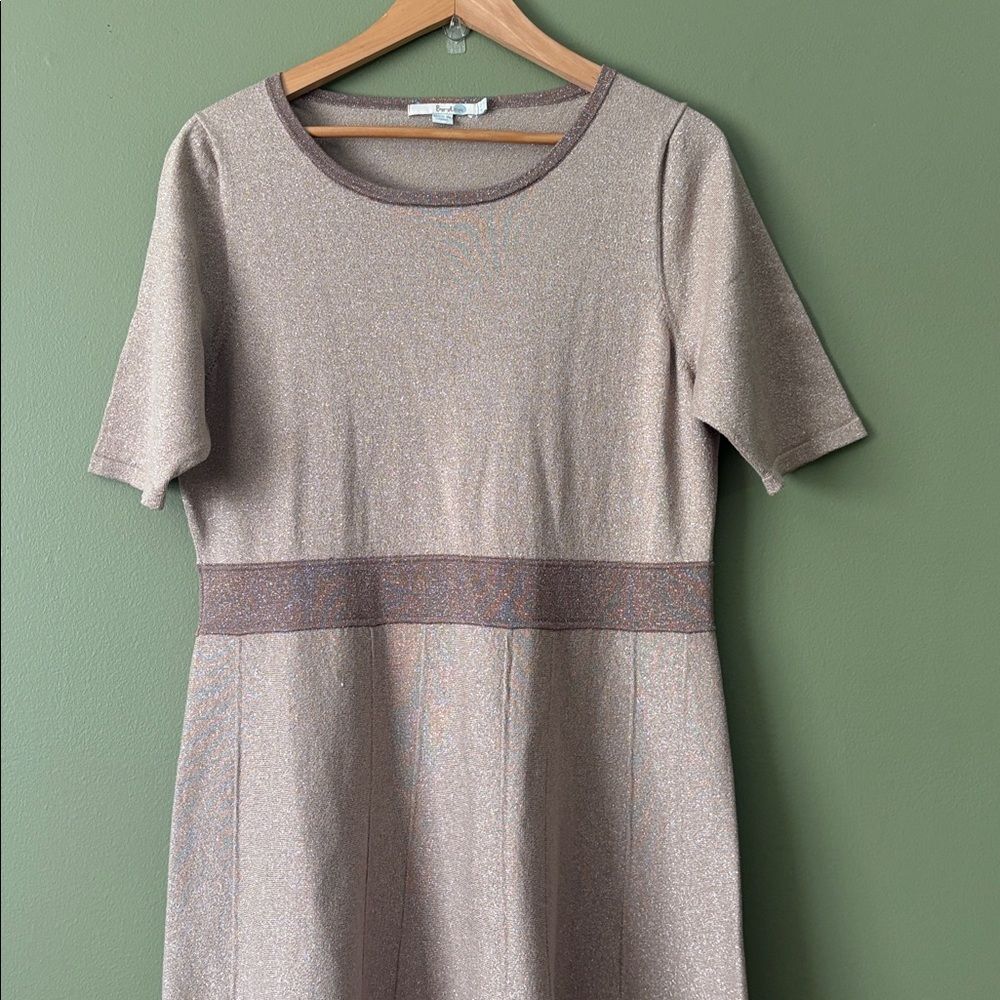 Boden Milano Shimmer Knit Tan Sparkle Short Sleeve Fit Flare Midi Dress Sz 16L - Picture 4 of 9